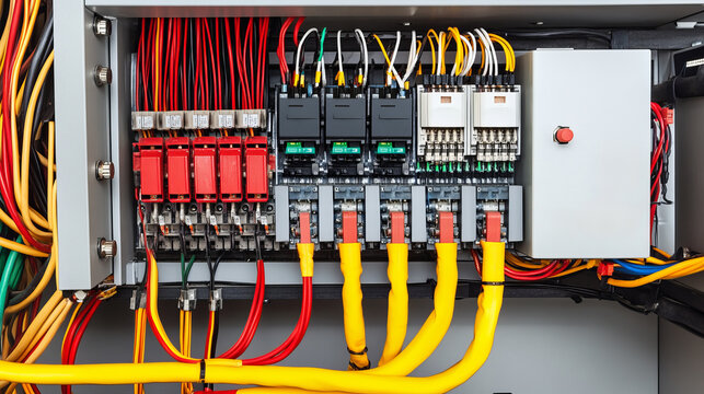 Electrical Engineer Inspects Wiring in Power Plant Control Cabinet with Colorful Connections