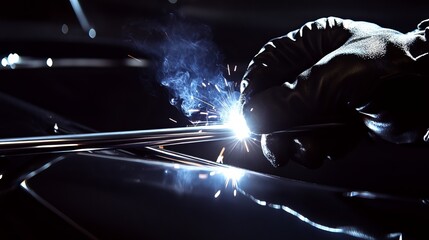 Skilled Worker Welding Steel Bars at Construction Site with Sparks Flying in the Air
