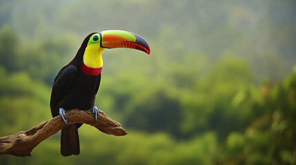 Obraz premium Colorful toucan perched on twisted branch in lush forest