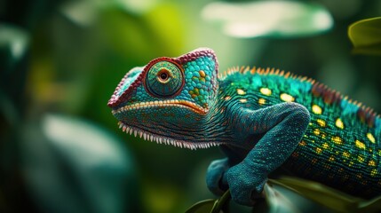 Fototapeta premium Vibrant chameleon in lush green foliage