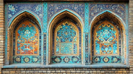 Obraz premium Ornate tiled arches, Central Asian architecture, vibrant mosaic patterns