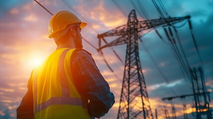 Technician Inspecting High Voltage Power Lines During Sunset for Safety and Maintenance
