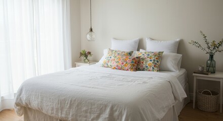 Cozy Bedroom Interior with White Linen Bedding and Floral Pillows