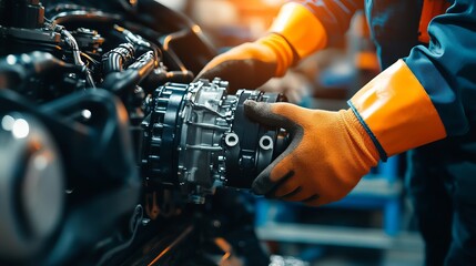 Fototapeta premium Technician Assembling Electric Motor for Vehicle Maintenance in Automotive Workshop Environment