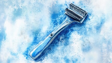 A razor placed on a blue surface, great for use as a prop or decorative item