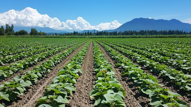 Sunny field of young squash plants, rows, mountains in background