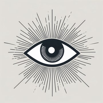 Eye with rays on light gray backdrop. Graphic image shows dark eye shape with radial lines, simple and bold design.