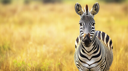 Naklejka premium Zebra standing in golden grass with striking stripes