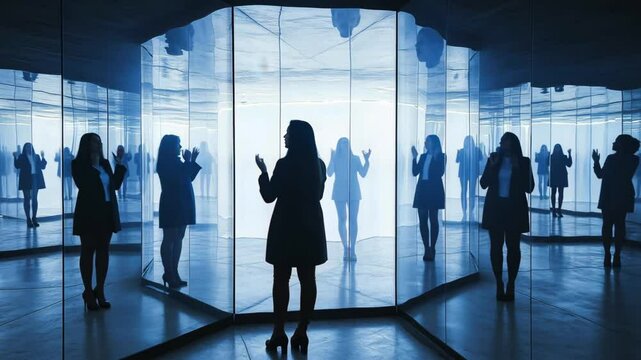 In a mirror room, people talk to their own reflections, each reflection repeating the same idea, while the different voices outside the room are invisible.