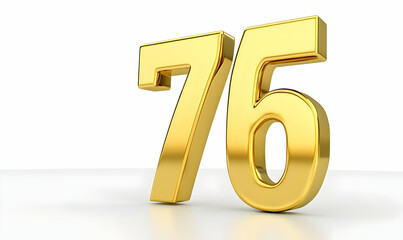 Shiny golden digits seventy-six, three-dimensional, on a white background with subtle reflection
