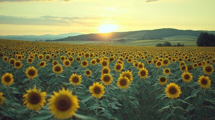 Obraz premium Sunflower field sunset landscape, golden hour