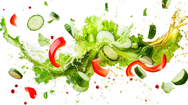 "A burst of salad ingredients – lettuce, cucumber, and bell peppers – splashing in olive oil, isolated on a transparent background." - Powered by Adobe