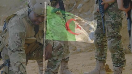 In animation, soldiers in camouflage gear with Algerian flag in outdoor setting - Powered by Adobe