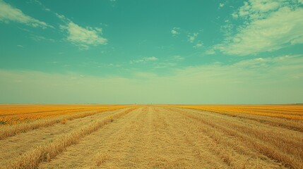Fototapeta premium Harvested field, golden hue, horizon, summer sky