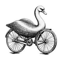 Fototapeta premium Unique design of a swan riding a vintage bicycle depicts creativity and whimsy in an engraved vector tattoo style