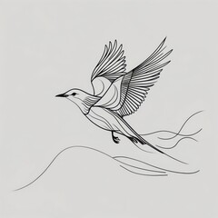 Obraz premium Ink drawing bird in flight on light background. Graphic style bird flying above simple lines.