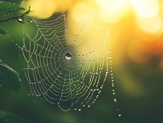 Dew-Covered Spider Web Glimmers in the Gentle Morning Light