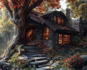 A wooden house surrounded by trees in a forest