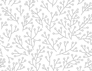 Vector delicate seamless pattern with abstract twigs and berries on white background. Minimalist design. Textiles and graphics. White background.
