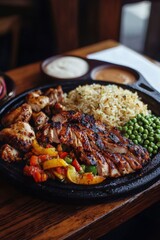 Grilled chicken, rice, peas, peppers on platter at restaurant