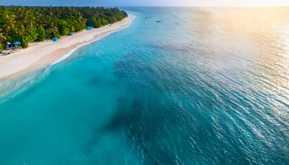 Obraz premium Coastal Paradise: An aerial perspective reveals the pristine beauty of a tropical coastline. Gentle waves caress the shore, while lush greenery borders the sands.