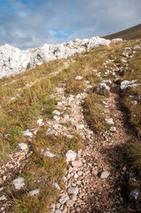 Rocky slopes of the mountain range in the Republic of Adygea during autumn, Russian Federation