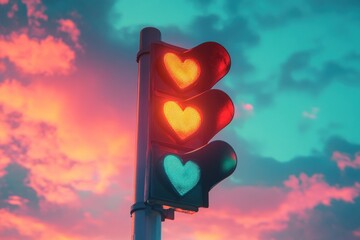 A traffic light displays three heart shapes instead of traditional lights, set against a captivating sunset with colorful clouds