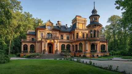 Obraz premium Victorian-style mansion surrounded by lush greenery in a serene forest setting