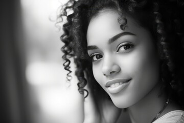Fototapeta premium A young woman with beautiful curly hair smiles softly, capturing the essence of joy and warmth. The gentle light accentuates her features, creating a captivating moment of tranquility