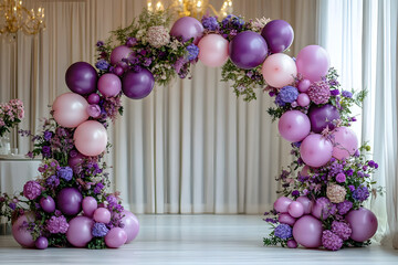 Elegant purple balloon arch for event decoration indoor venue floral arrangement whimsical setting