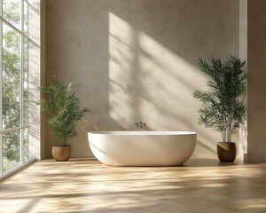 A bath tub sits in a bathroom next to a large window, providing natural light