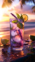 lavender artisan cocktail in glass on beach