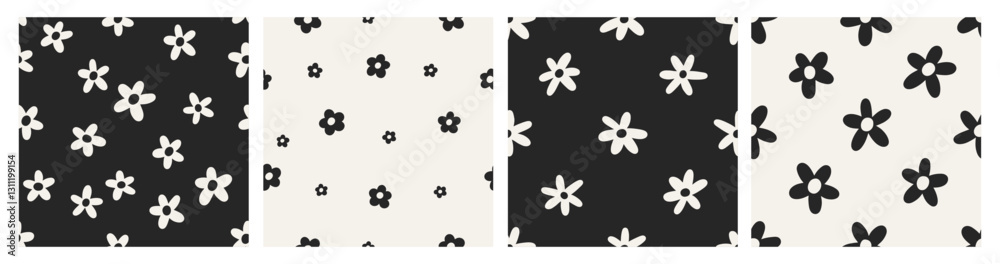 Poster seamless daisy patterns set. black and white floral prints. flower background design for summer and 