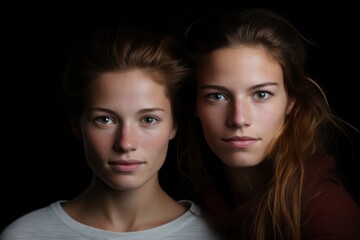 Two women with captivating gazes stand side by side, demonstrating unique expressions and contrasting features