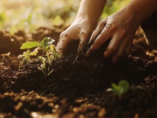 Fototapeta premium A person planting a seedling in the dirt, with the earth and foliage around