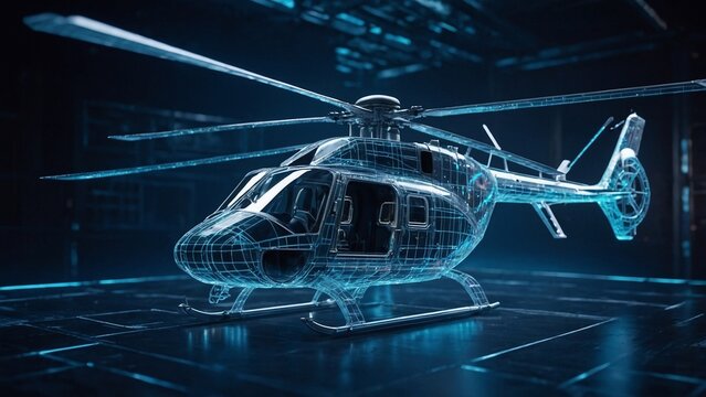 3D holographic representation of a helicopter with glowing blue wireframe design