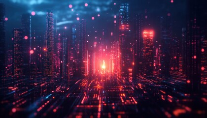 Abstract cityscape filled with glowing lights, intricate structures, and vibrant colors creating a futuristic atmosphere at night