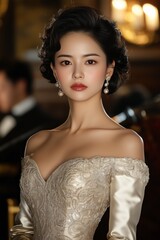 Asian woman in glamorous evening gown, timeless beauty exudes sophistication, ambient lighting enhances allure, confident gaze showcases Asian woman poised presence, delicate beauty captivates.