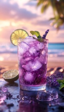 lavender artisan cocktail in glass on beach