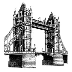 Obraz premium Engraved vector illustration of Tower Bridge showcasing intricate architectural details and historical significance