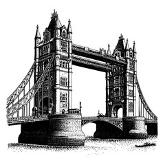 Obraz premium Intricate engraving of Tower Bridge showcasing gothic architecture in a vector tattoo style