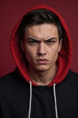 Intense gaze of a young man in a hooded sweatshirt against a solid background. Focused and determined expression.