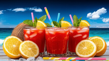 Fototapeta premium Refreshing Summer Drinks with Lemon and Coconut on Beach Background