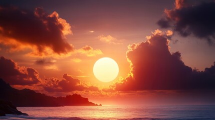 Majestic Sunset: Golden Light Breaking Through Dark Clouds over Rugged Coastline