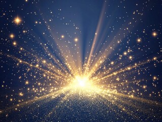 Abstract background with laser beams, light rays, and glowing particles in shades of dark blue and gold. Vector illustration. Design element for stage decoration, show or concert poster, banner,