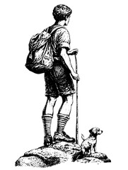 Engraved vector of a boy hiking with a dog, showcasing adventure and nature