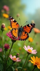 Fototapeta premium Painted lady butterfly amidst wildflowers, sunlit meadow , vanessa, wings, flora