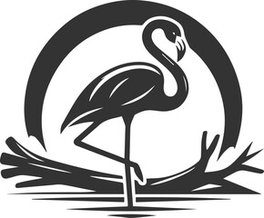 Silhouette of a flamingo standing near a fallen tree branch animal vector