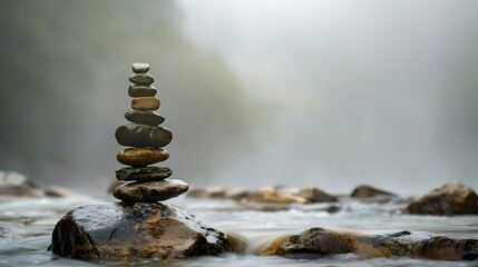 Obraz premium Stacked rock cairns on a misty riverbank under soft natural overcast light