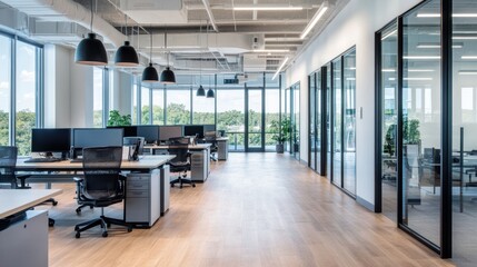Modern office space with city view, workstations, and glass dividers. Possible use for commercial interior design or coworking space promotion